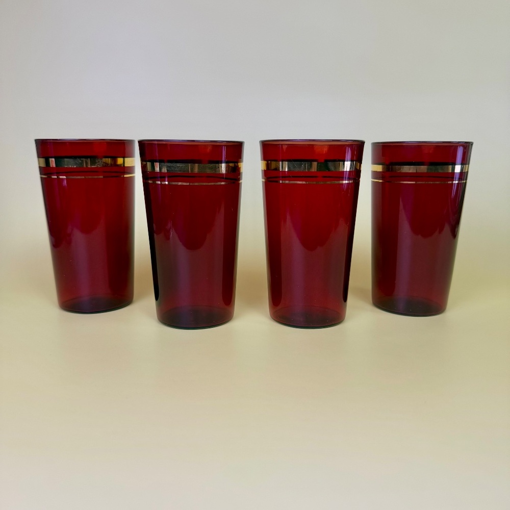 Vintage Ruby Red Glass Tumblers with Gold Design – Set of 4